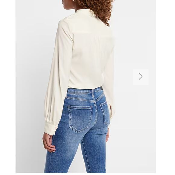 Express | SATIN LONG SLEEVE TIE NECK PORTOFINO SHIRT | Size Medium - Picture 3 of 6